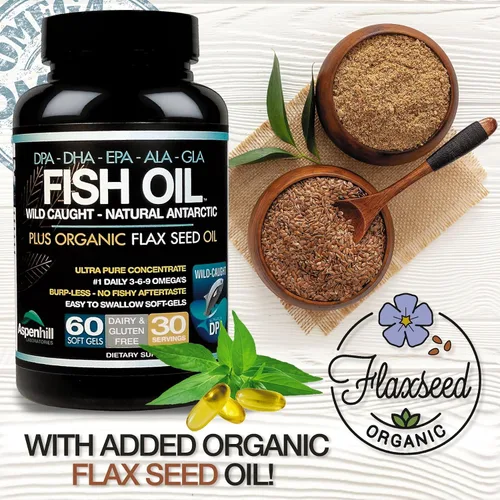 Vista 4 de Aceite de pescado antártico capturado salvaje Omega 3 con semilla de lino orgánico Omega Ultra Blend DPA-EPA-DHA-GLA-ALA