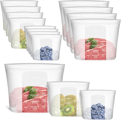 Vista 23 de Bolsas de Alimentos Reutilizables, Paquete de 12 Bolsas de Almacenamiento de Alimentos 100% Silicona que se Mantienen de Pie con Cierre Hermético