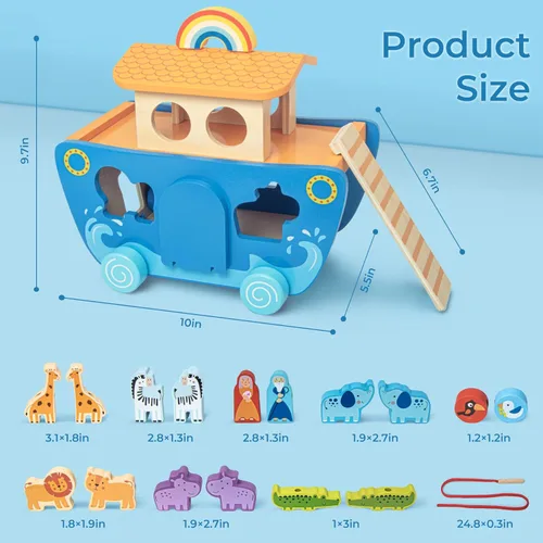 Vista 4 de Tooysea - Arca de Noé de madera con clasificador de formas de animales, regalos de bautismo para niños de 1, 2, 3, 4 años, juguetes Montessori