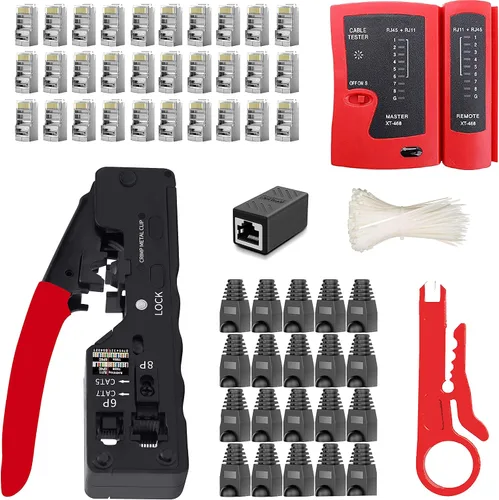 Vista 7 de LEATBUY Kit de crimpadora CAT5 CAT6 RJ45 Juego de herramientas de crimpado de paso, herramienta de red de crimpado Ethernet, cortador de cables LAN