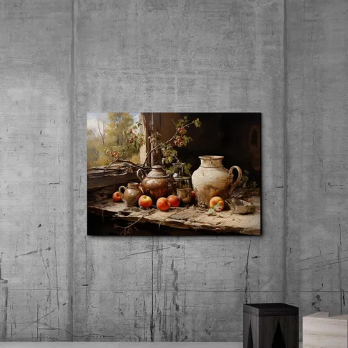 Vista 4 de Manzanas y una tetera de terracota, impresión de cocina campestre, naturaleza muerta de manzana, impresión vintage de manzana, impresión
