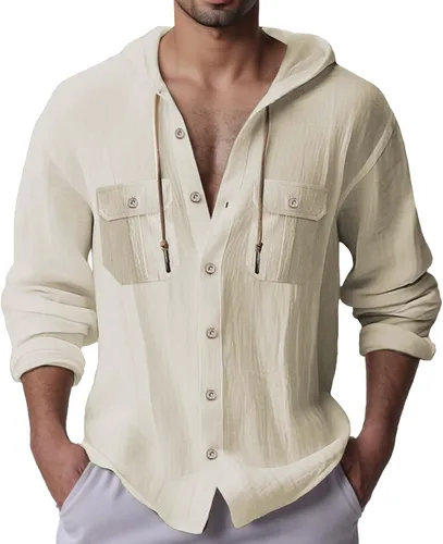 Vista 8 de Sudaderas con capucha de lino y algodón para hombre, camisas guayabera de manga larga con capucha con cordón y botones, camisas de playa