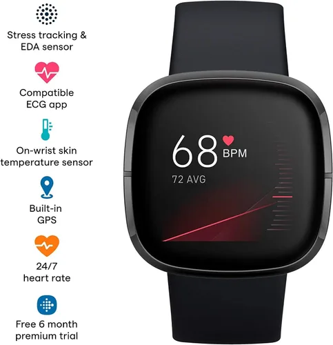 Vista 2 de Fitbit Sense Health & Fitness - Reloj inteligente con GPS, llamadas y mensajes de texto Bluetooth, frecuencia cardíaca SpO2, ECG, temperatura