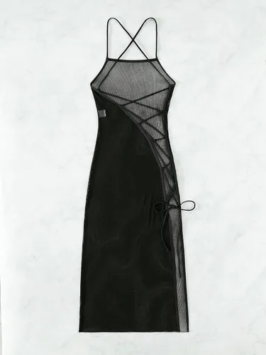 Vista 4 de GORGLITTER Vestido de malla cruzada para mujer, con cordones, sin mangas, para cubrir el traje de baño