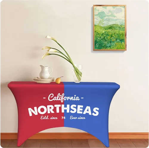 Vista 7 de Mantel personalizado con texto del logotipo de la empresa, mantel de elastano elástico personalizado para eventos de ferias comerciales, mantel