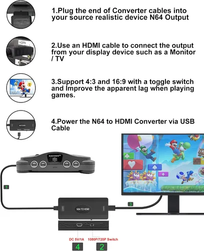 Vista 4 de WUKUR Adaptador de convertidor N64 a HDMI compatible con conversión 16 943 compatible con Nintendo 64Game CubeSNES Gamecube adaptador HDMI