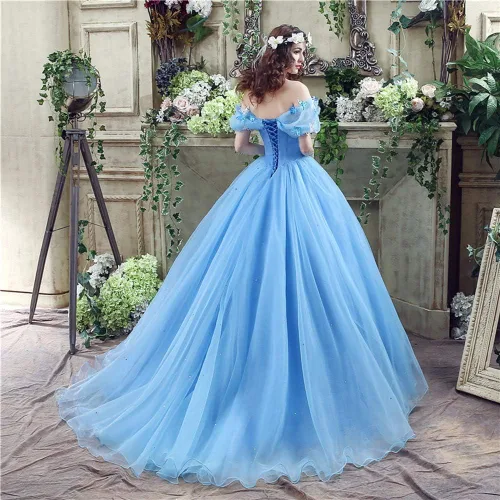 Vista 5 de Vestido de baile azul 2021, vestido de baile de graduación, vestido de princesa Cenicienta, vestido de cosplay con hombros descubiertos, vestido