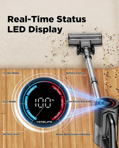 Vista 2 de Aspiradora inalámbrica, 500 W/40 KPA, aspiradora de palo ligera de hasta 40 minutos de tiempo de funcionamiento, pantalla LED y faros verdes