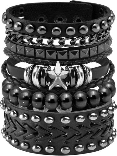 Vista 7 de Eigso Juego de pulsera punk de cuero negro para hombres y mujeres clásicas Vintgae tachonadas con picos de los años 80 para hombre y mujer