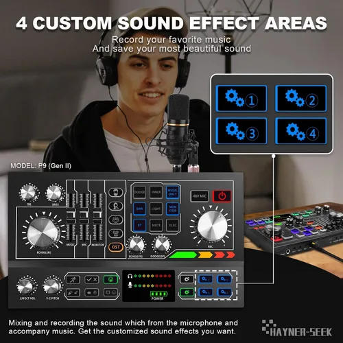 Vista 5 de Kit de equipo de podcast para 2, mezclador de audio con micrófono condensador e interfaz de audio con fuente de alimentación Phantom de 48V