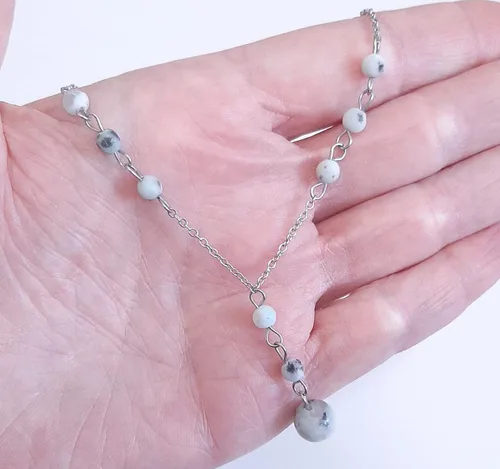 Vista 3 de Natural Crystal Bead Lotus Jasper Stone Y Shaped Lariat Necklace Non-Tarnish Steel Chain