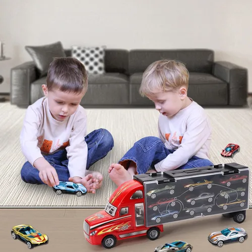 Vista 3 de BoomCaCa - Juego de transporte de camiones de juguete con 18 autos deportivos en juguetes de camiones, juguetes para niños y niñas de 3 a 10 años
