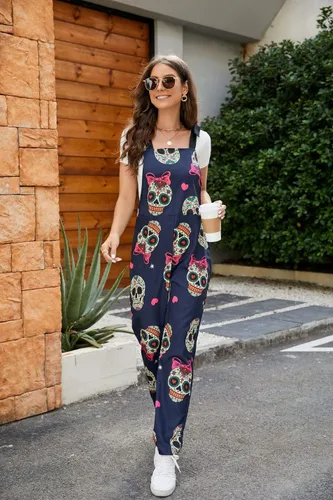 Vista 37 de PAODIKUAI Overol casual con estampado de calavera para mujer, overol suelto con bolsillos
