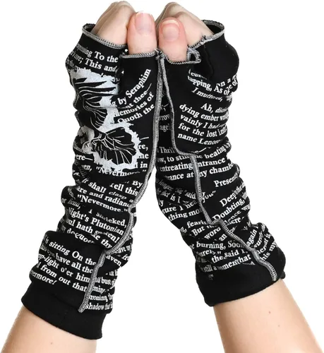 Vista 3 de Storiarts The Raven de Edgar Allan Poe Guantes de escritura – Guantes sin dedos de algodón suave para mujeres con impresión de poema clásico