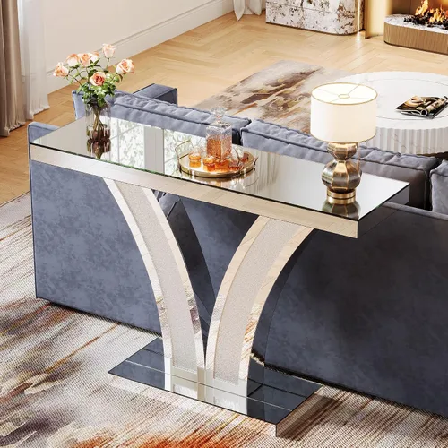 Vista 4 de Tribesigns Mesa de consola con espejo, moderna mesa de sofá de entrada plateada con marcos de incrustaciones de cristal para sala de estar, pasillo