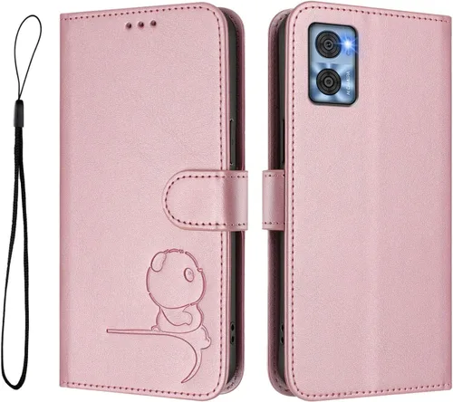 Vista 10 de Funda de cuero compatible con Moto E22i 4G, bonita funda de piel de panda con soporte para tarjetas, correa de muñeca, a prueba de golpes, para Moto