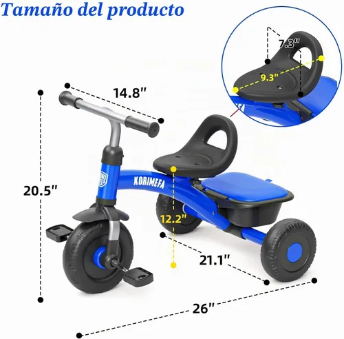 Vista 6 de KORIMEFA Triciclo infantil para niños de 1 a 3 años, color azul