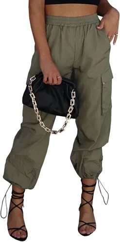 Vista 11 de Pantalones de paracaídas para mujer, cintura alta elástica, pantalones cargo Y2K holgados con 4 bolsillos