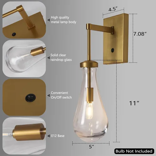 Vista 3 de HuisMier Apliques de Pared de Latón en Forma de Gota de Lluvia, Apliques de Pared Interiores con Interruptor de Encendido/Apagado, Lámpara de Pared