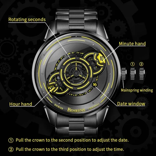 Vista 4 de BR BEHRENS ORIGINAL Reloj automático para hombre, colección Space Traveler de acero inoxidable, cristal de zafiro BHR012
