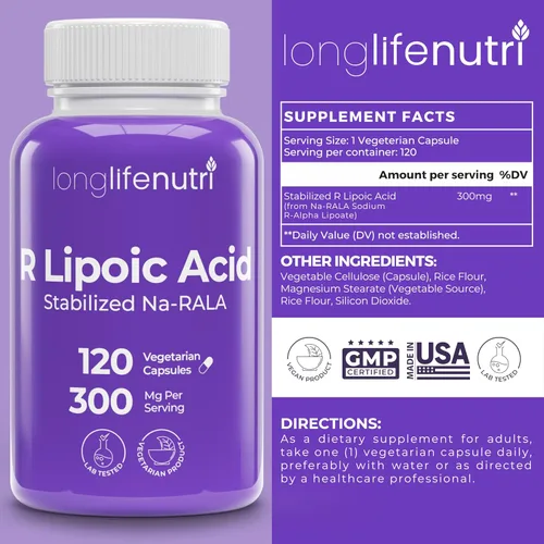 Vista 3 de LongLifeNutri Paquete de Benfotiamina 300 mg, 180 cápsulas + ácido R-alfa lipoico 300 mg, 120 cápsulas - Apoyo energético celular y nervio dual
