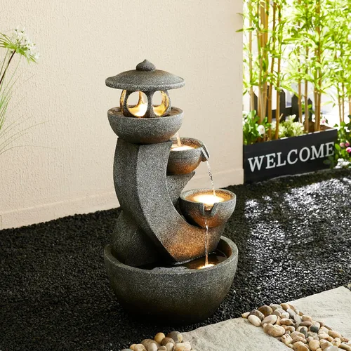 Vista 15 de Glitzhome Fuente de agua para exteriores con luz LED y bomba, moderna fuente de poliresina de 5 niveles y esfera para exteriores, fuente de cascada