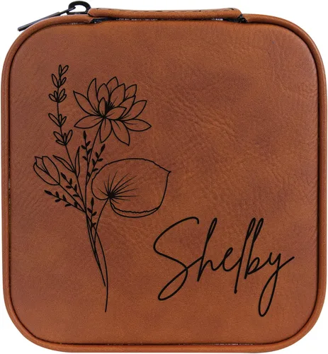 Vista 38 de Joyero de flores de nacimiento personalizado Estuche de viaje (cuero crudo, abril - guisante dulce)