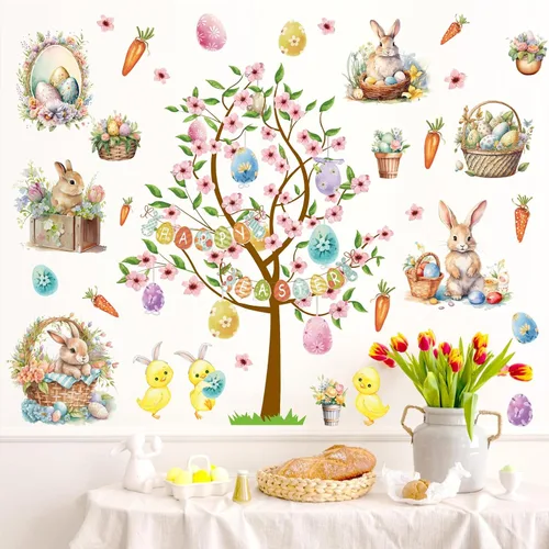 Vista 6 de Calcomanías vintage de Pascua para decoración de pared de conejo, calcomanías de ventana de Pascua, calcomanías de pared de árbol de primavera