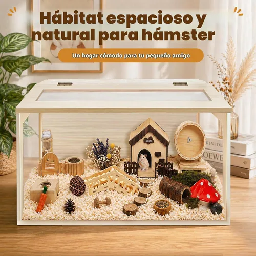 Vista 6 de PROLEE Jaula para hámster con parte superior de madera a prueba de masticación, jaulas de conejillo de indias, hábitat para hámster con hojas Roble