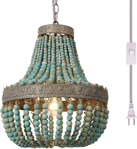 Vista 11 de Lámpara Colgante de Araña con Cuentas de Madera Bohemia Boho Playera Lámpara de Techo Accesorios de Iluminación
