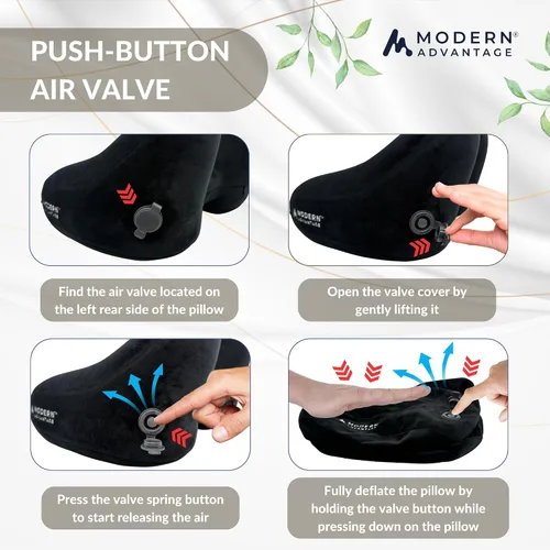 Vista 7 de Modern Advantage Almohada inflable de viaje para aviones con capucha cómoda, soporte ajustable para el cuello, almohada ligera y compacta para Negro