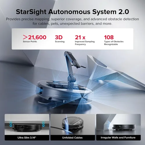 Vista 4 de roborock Saros Z70 Robot aspiradora y trapeador, brazo OmniGrip, alimentado por IA, succión de 22,000 Pa, ultra delgado de 3.14 pulgadas, tecnología