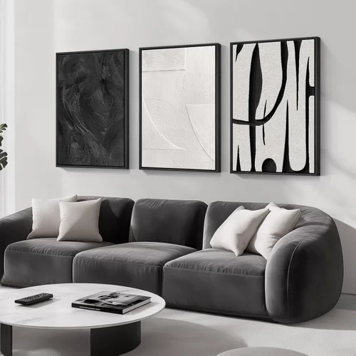 Vista 39 de Arte de pared abstracto moderno enmarcado en blanco y negro, 3 piezas de impresiones en lienzo pinturas obras de arte para paredes, cuadros Negro