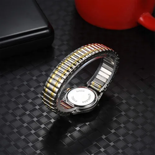 Vista 4 de Lancardo Reloj de banda elástica para mujer cuarzo fácil de leer número arábigo esfera redonda banda elástica reloj de pulsera plata oro
