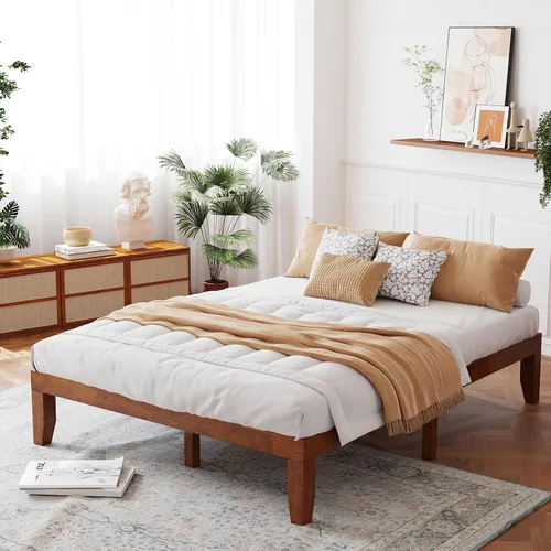 Vista 12 de Giantex Marco de Cama de Plataforma de Madera Individual de 14 Pulgadas, Base de Colchón Minimalista con Madera de Caucho Sólida, Soporte