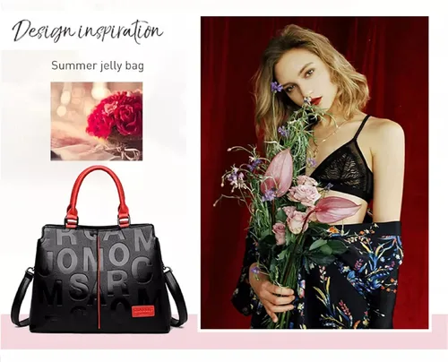 Vista 6 de Moda de cuero negro con bolsos rojos medianos para mujer bolso de hombro de lujo Tote Top Handle Satchel Monederos para damas