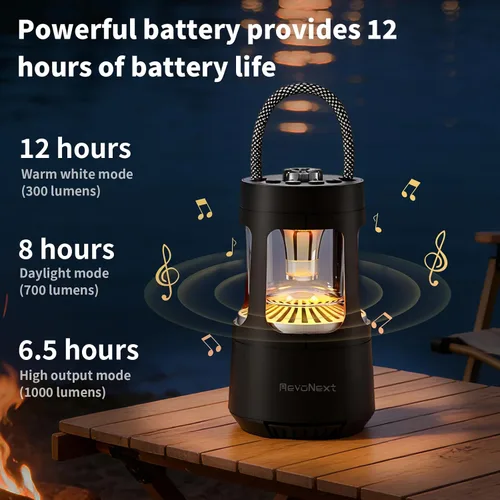 Vista 3 de Revonext - Linterna de campamento con altavoz Bluetooth, altavoz inalámbrico impermeable para exteriores con luz ambiental de doble color, altavoz