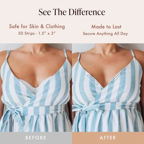 Vista 5 de Bare Babe Cinta de ropa de moda de doble cara, cinta transparente para ropa, cuerpo y todos los tonos de piel (50 tiras), Transparente
