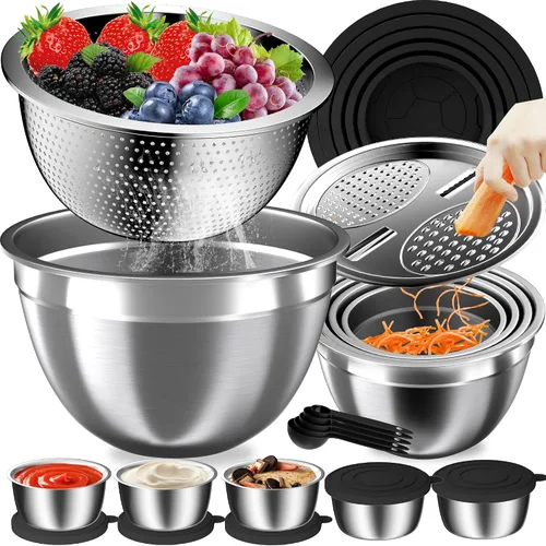 Vista 9 de Juego de cuencos para mezclar con tapas herméticas, 4 cuencos de acero inoxidable anidados y colador, organizadores de cocina y almacenamiento