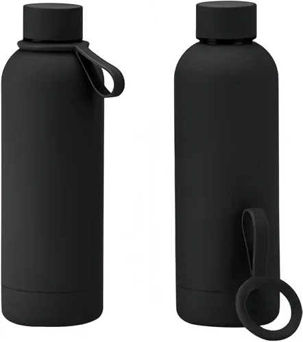 Vista 2 de Botella de agua deportiva de boca estrecha con aislamiento de doble pared de acero inoxidable con asa, frasco de vacío en forma de cola (negro)