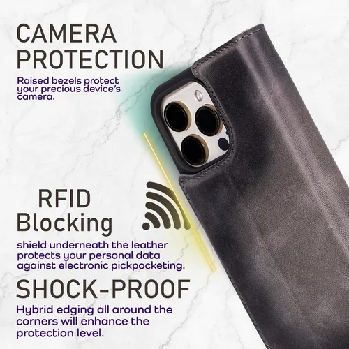 Vista 94 de Bayelon Funda tipo cartera para iPhone 15 Pro, cartera de cuero de grano completo, funda magnética desmontable, tarjetero, funda tipo cartera