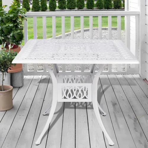 Vista 14 de Mesa de comedor al aire libre de 30.5 pulgadas, cuadrada, para patio, mesa de bistró, de aluminio fundido de bronce, mesa grande rústica con agujero