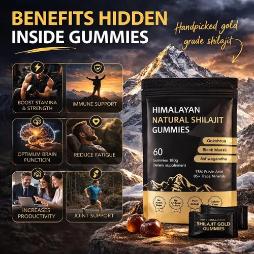 Vista 6 de J-PRQ Gomitas Shilajit del Himalaya, gomitas Shilajit para hombres y mujeres con Ashwagandha Gokshura 85+ minerales, 100% naturales, 60 gomitas