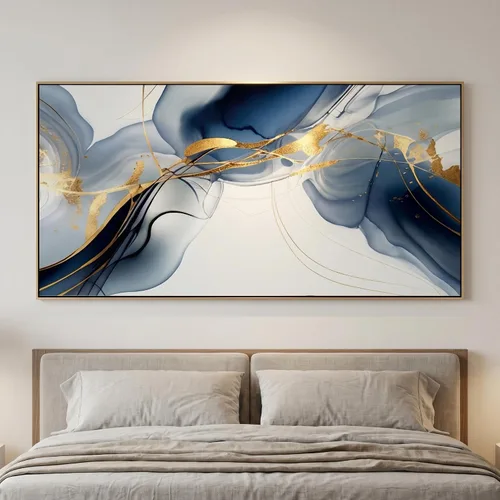 Vista 4 de HUADAOART Arte para pared, pintura abstracta, arte moderno, fondo dorado y azul, impresiones en lienzo para sala de estar, dormitorio, obras de arte