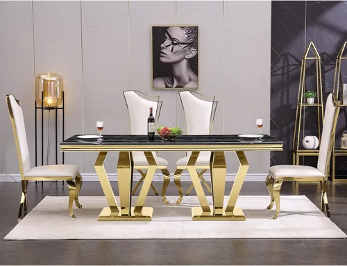 Vista 8 de ACEDÉCOR Juego de mesa de comedor para 4, mesa de comedor rectangular de 78 pulgadas con parte superior texturizada gris y base geométrica plateada