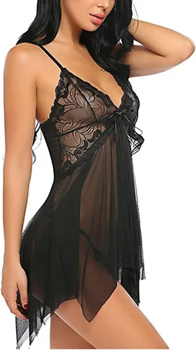 Vista 6 de wodceeke Lencería para mujer, lencería tipo babydoll con cuello en V, malla de encaje transparente, ropa de dormir de peluche, camisón