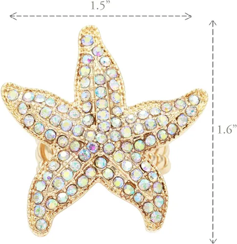 Vista 2 de Lavencious Anillo elástico con diseño de estrella de mar para mujer, talla 7-9, Diamantes de, Diamantes de imitación