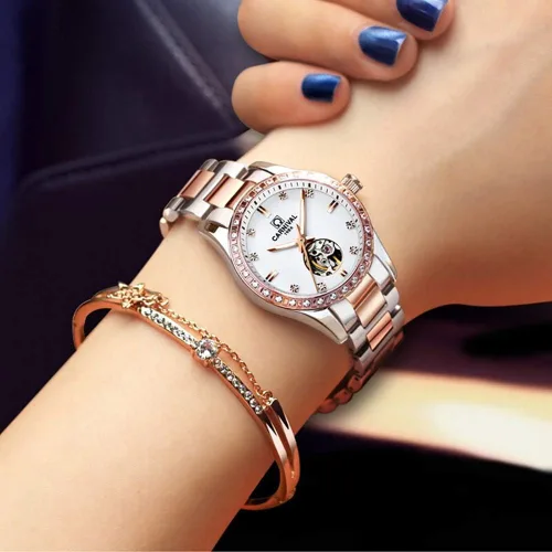 Vista 6 de CARNIVAL Reloj mecánico automático de zafiro sintético para mujer, oro rosa, acero inoxidable, zafiro, resistente al agua, blanco