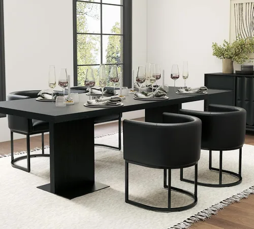 Vista 6 de HNY Silla de comedor moderna de mediados de siglo tapizada en forma de barril, negra, con brazos, silla de cocina y comedor de cuero, silla auxiliar