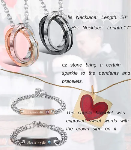 Vista 2 de LOYALLOOK Collar con colgante para parejas, regalo para hombres y mujeres, para él y para ella, juego de joyería de acero inoxidable para parejas